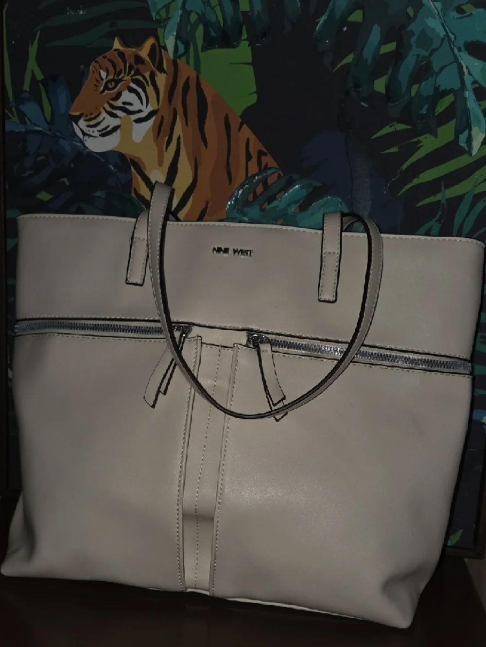 Nine West Beige Leatherette Tote with Front Zip Detail
